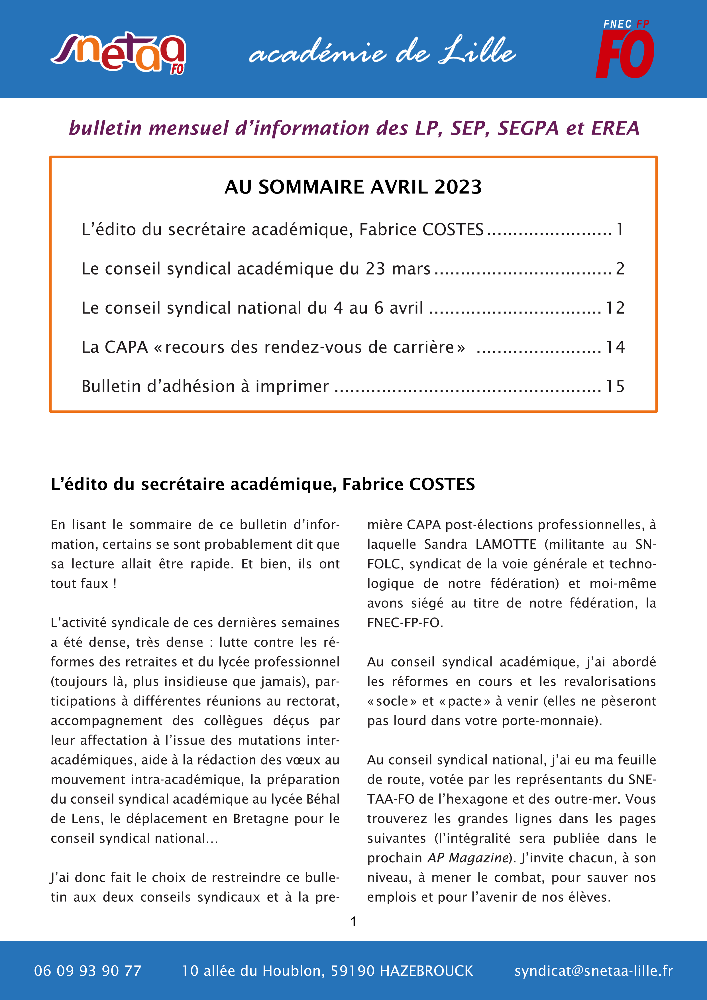 Bulletin d'information du SNETAA-FO Lille