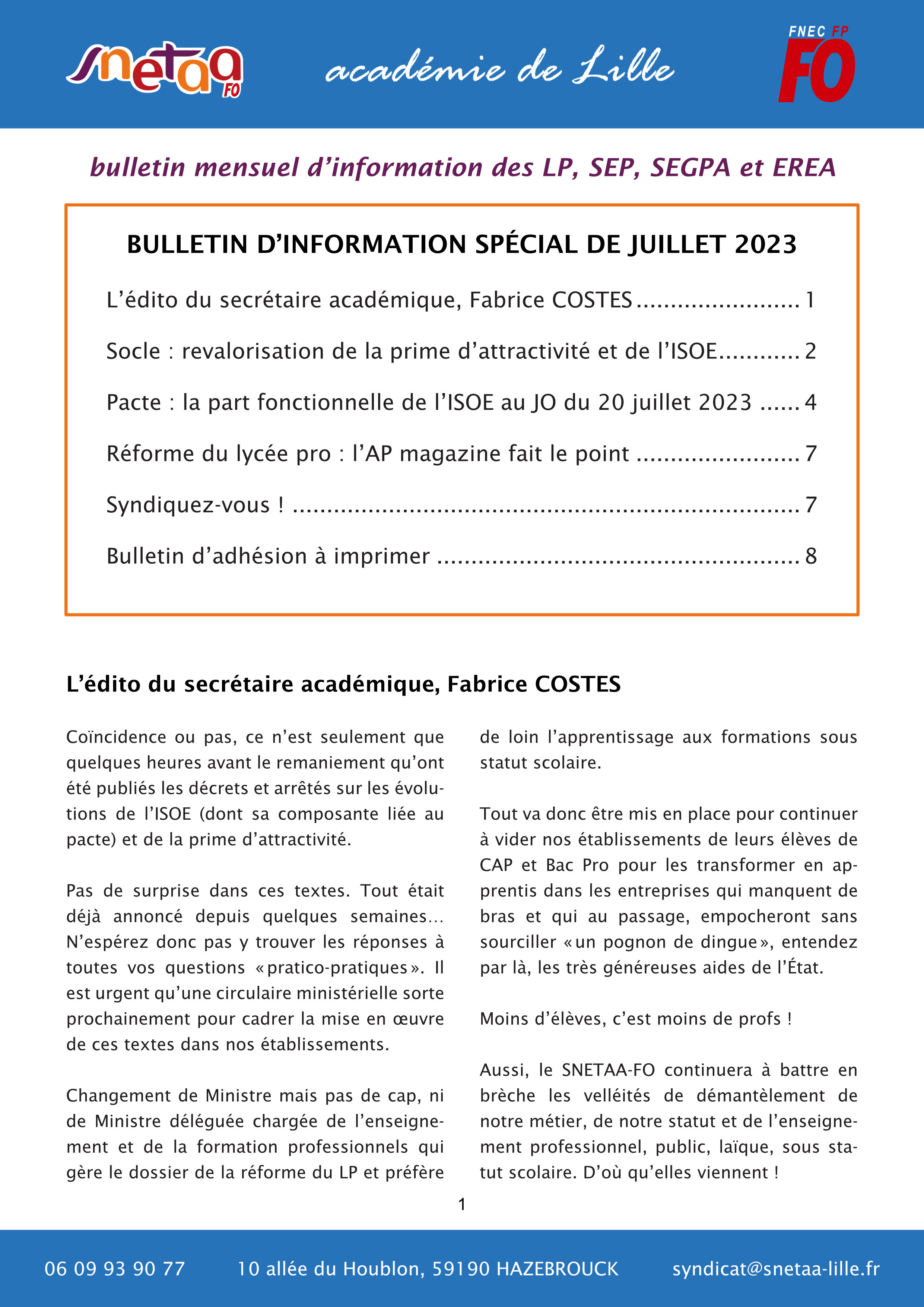Bulletin d'information du SNETAA-FO Lille
