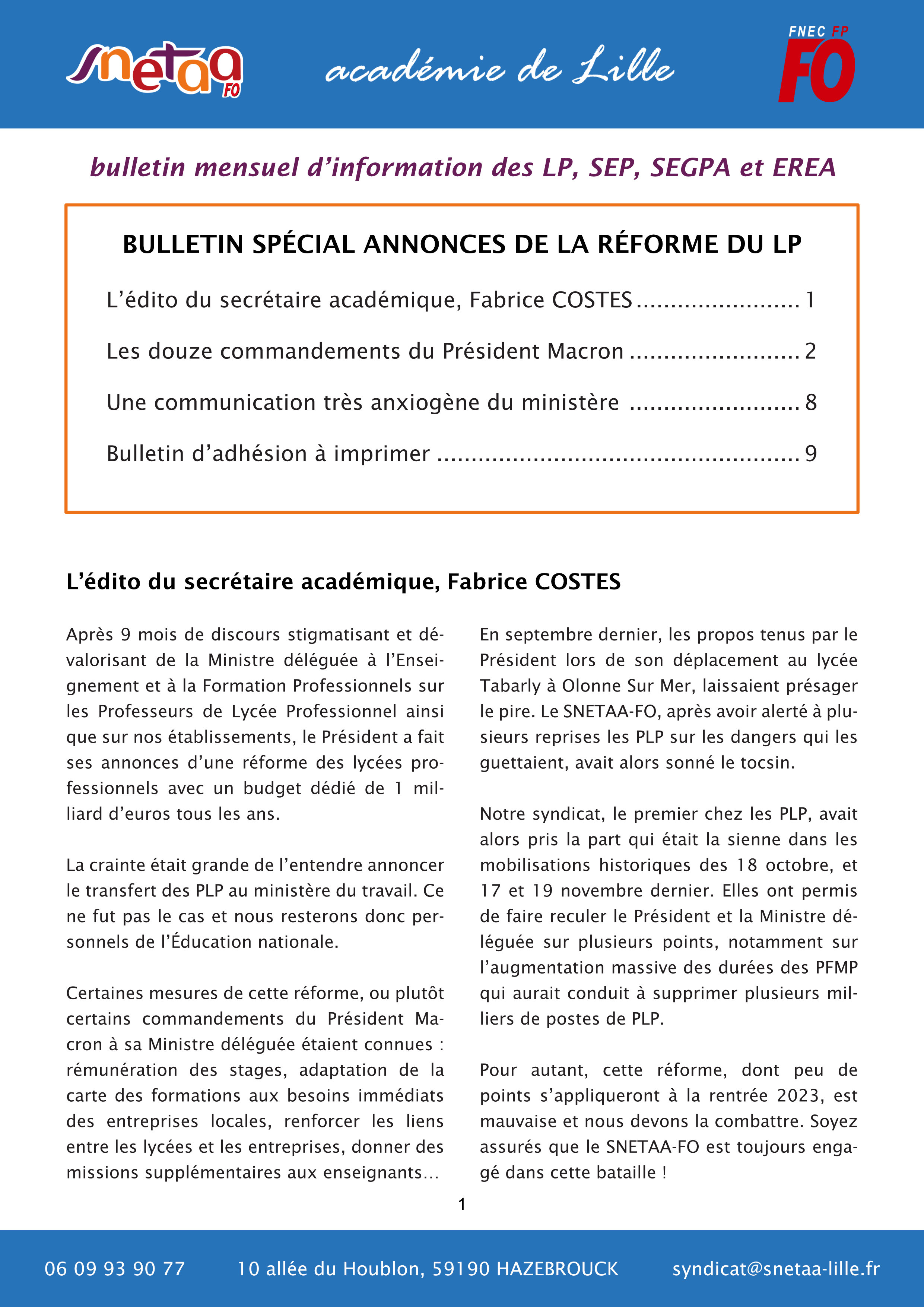 Bulletin d'information du SNETAA-FO Lille