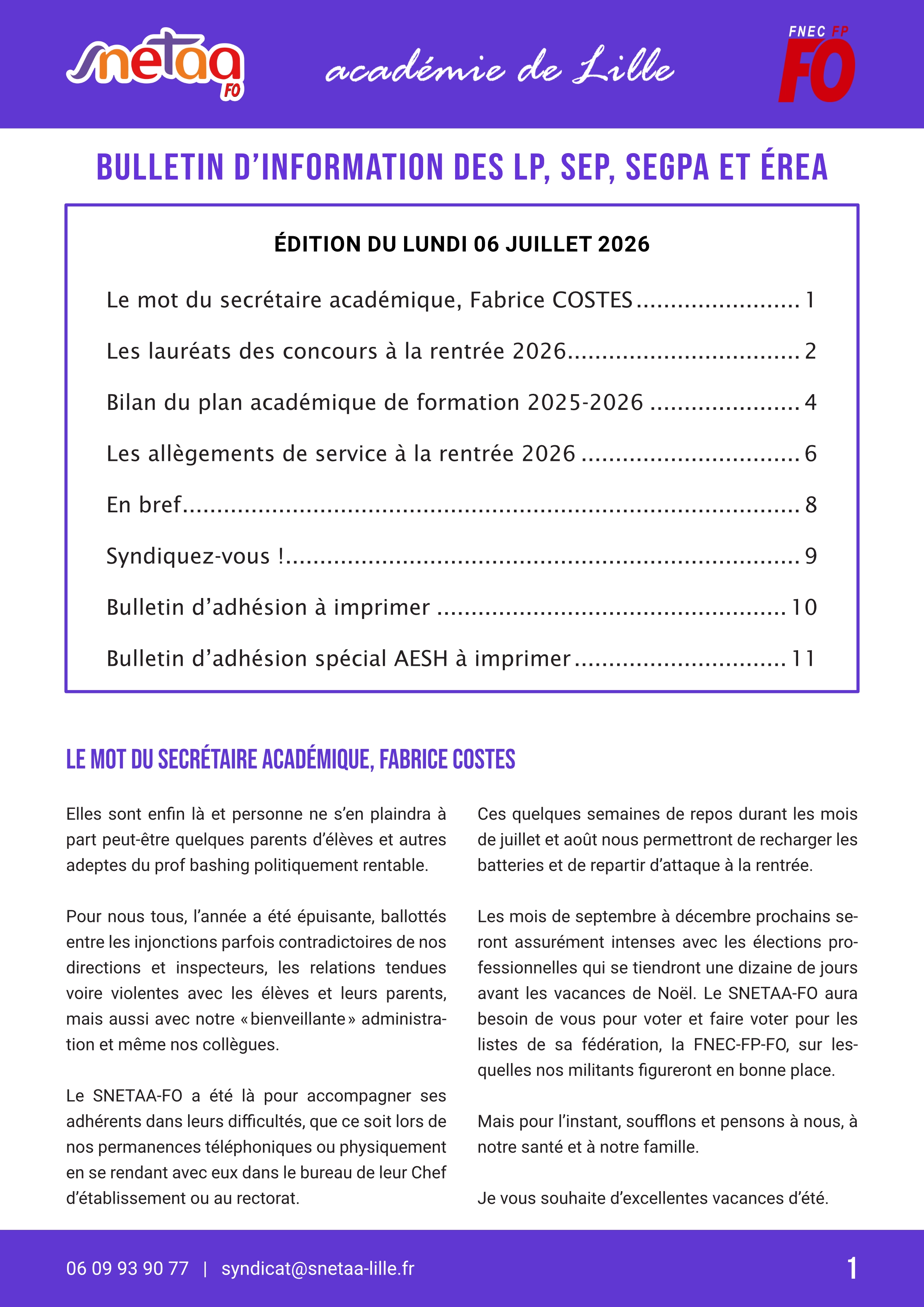 Bulletin d'information du SNETAA-FO Lille