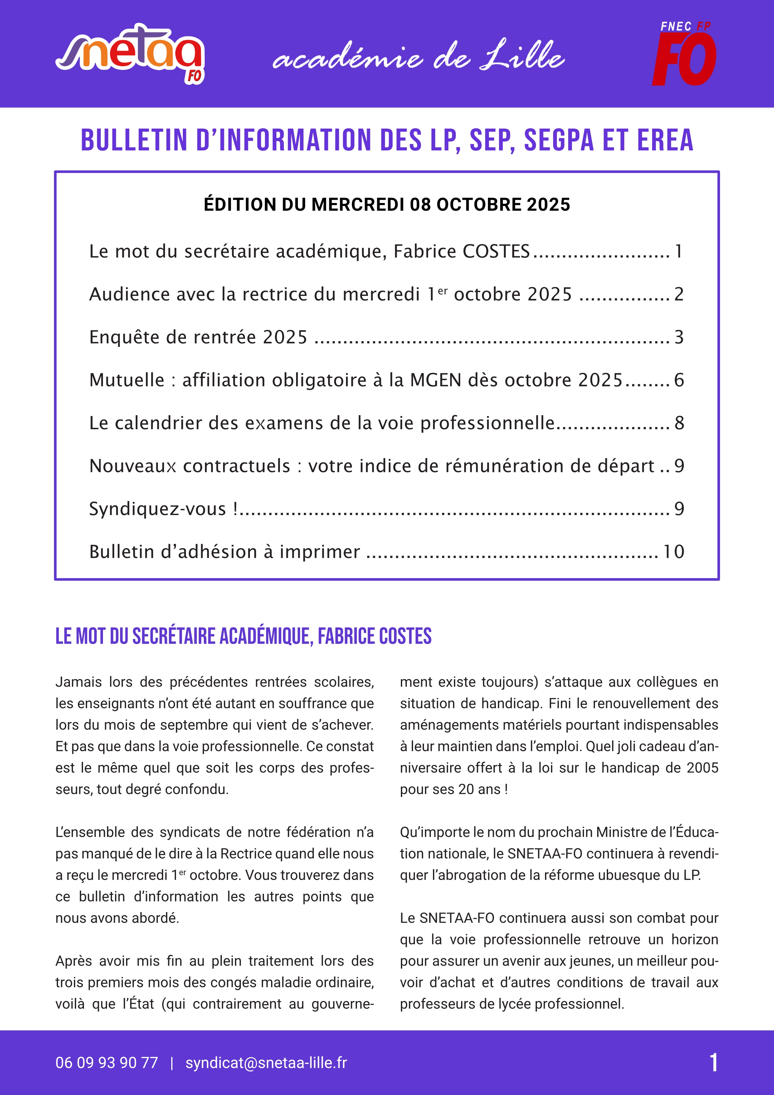Bulletin d'information du SNETAA-FO Lille