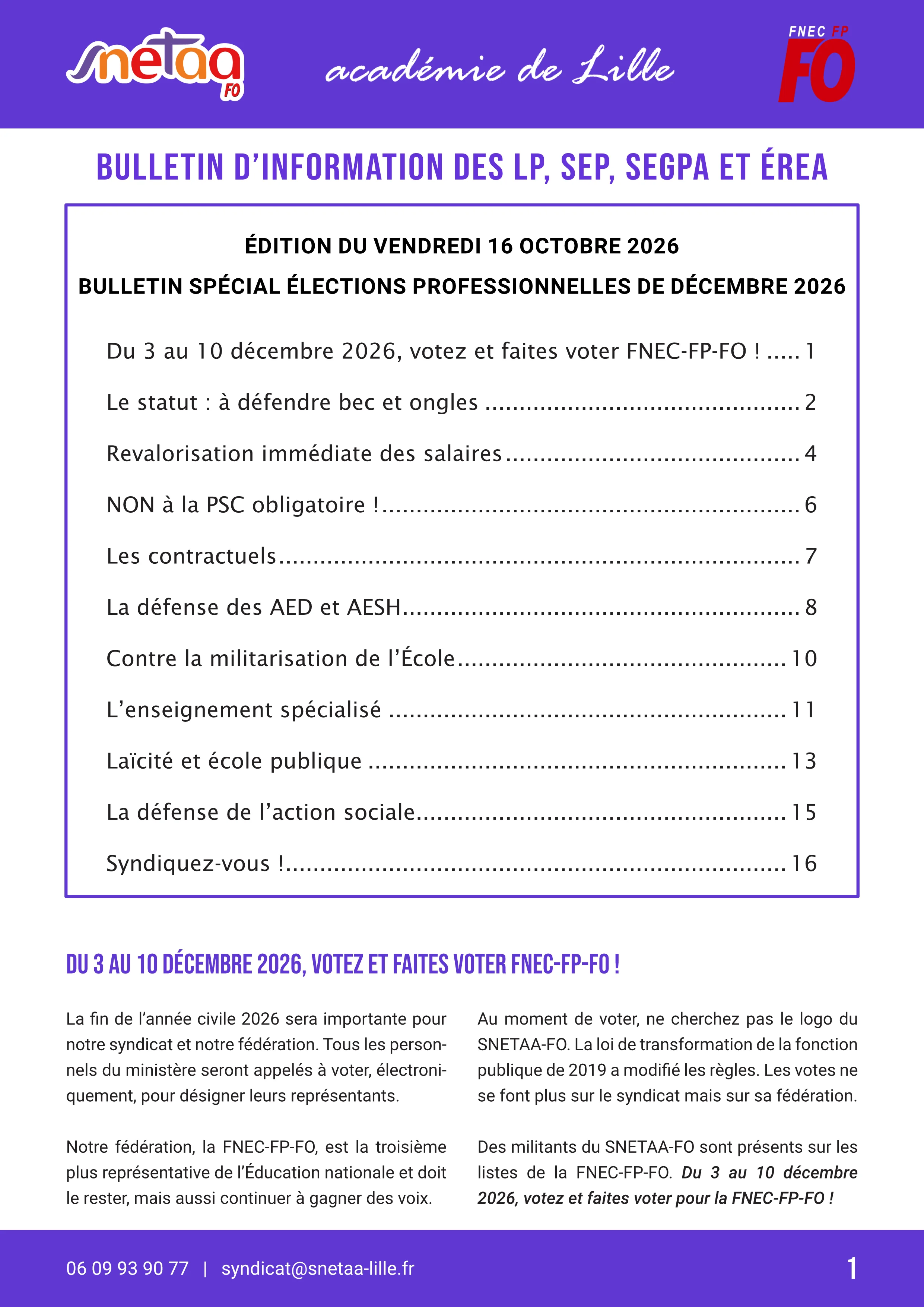 Bulletin d'information du SNETAA-FO Lille
