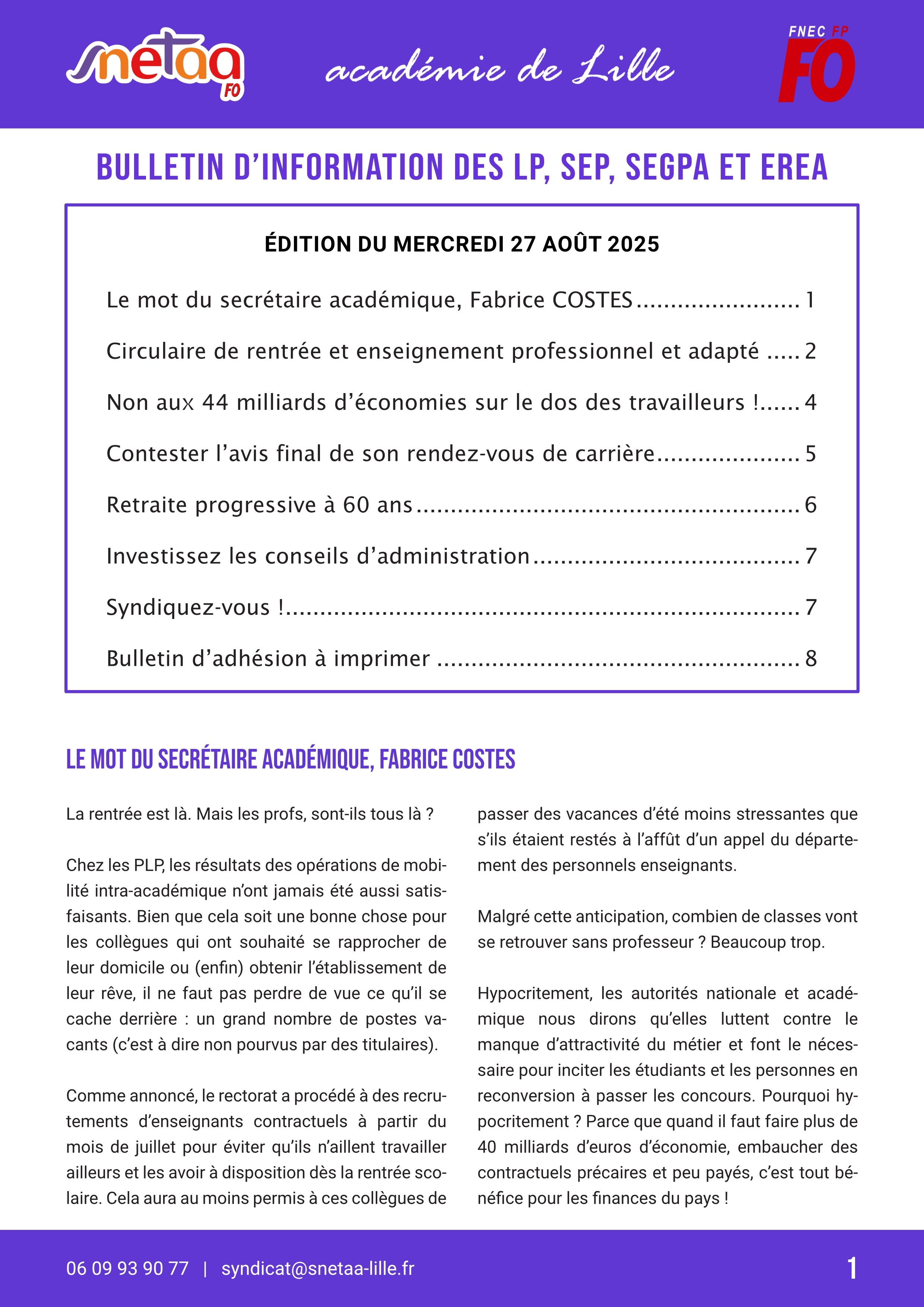 Bulletin d'information du SNETAA-FO Lille