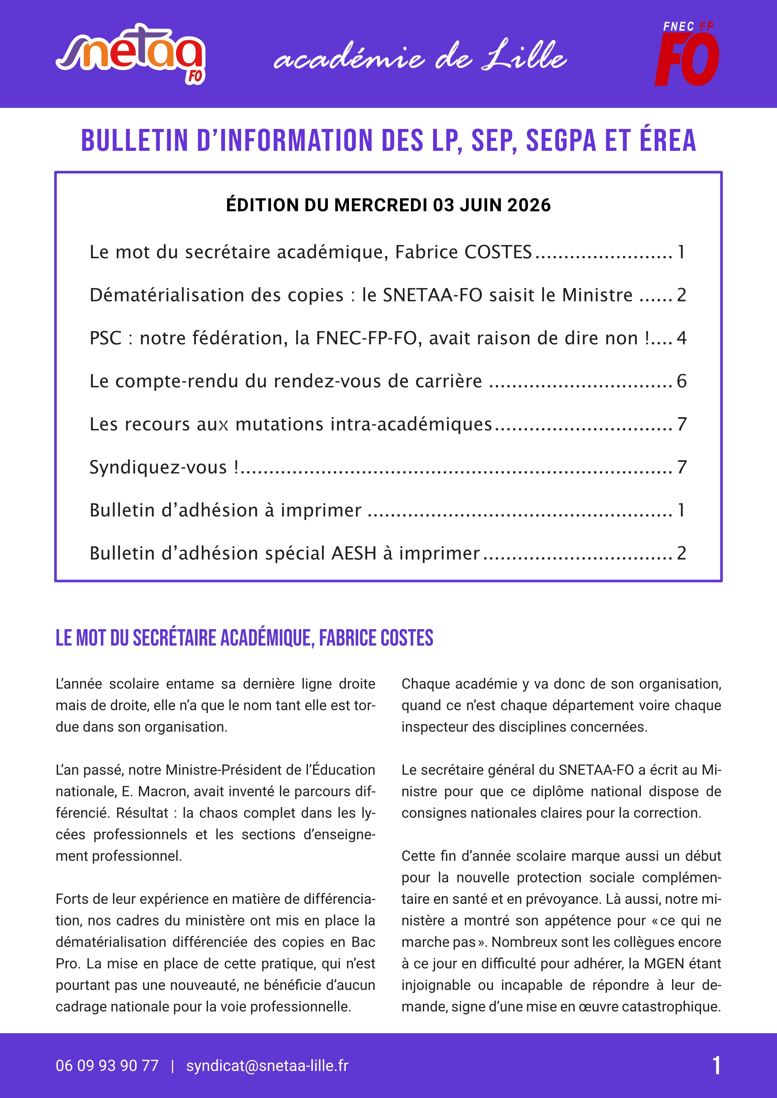 Bulletin d'information du SNETAA-FO Lille