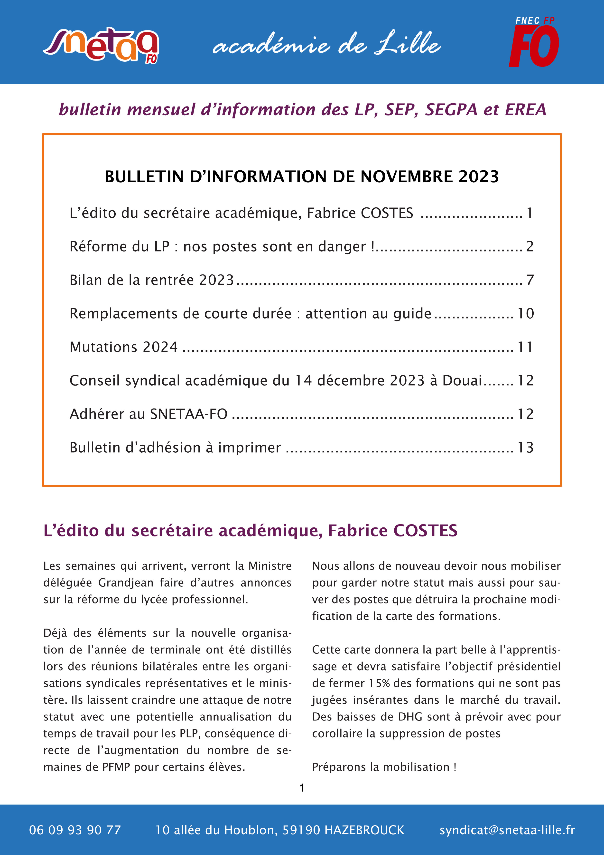 Bulletin d'information du SNETAA-FO Lille