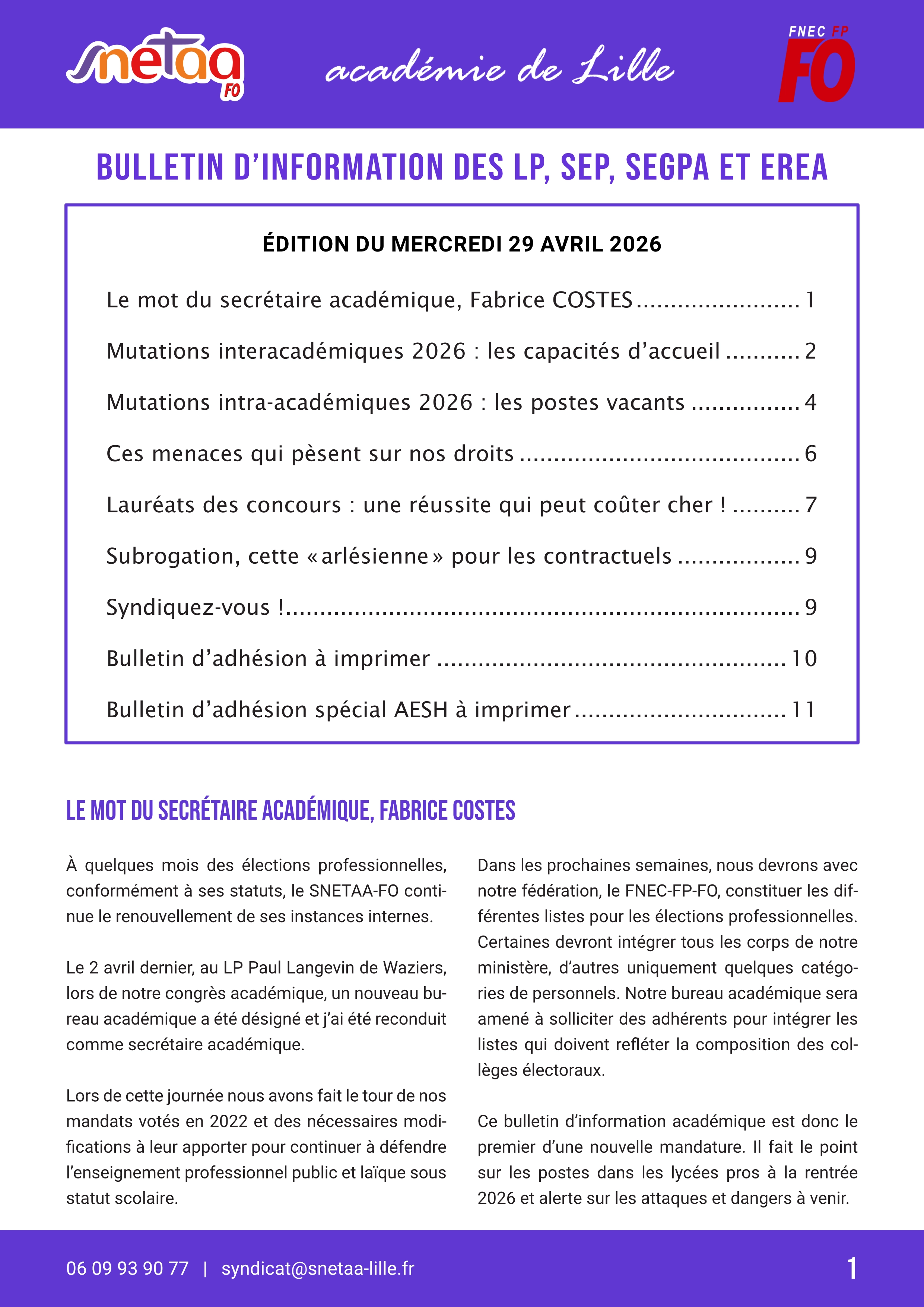 Bulletin d'information du SNETAA-FO Lille